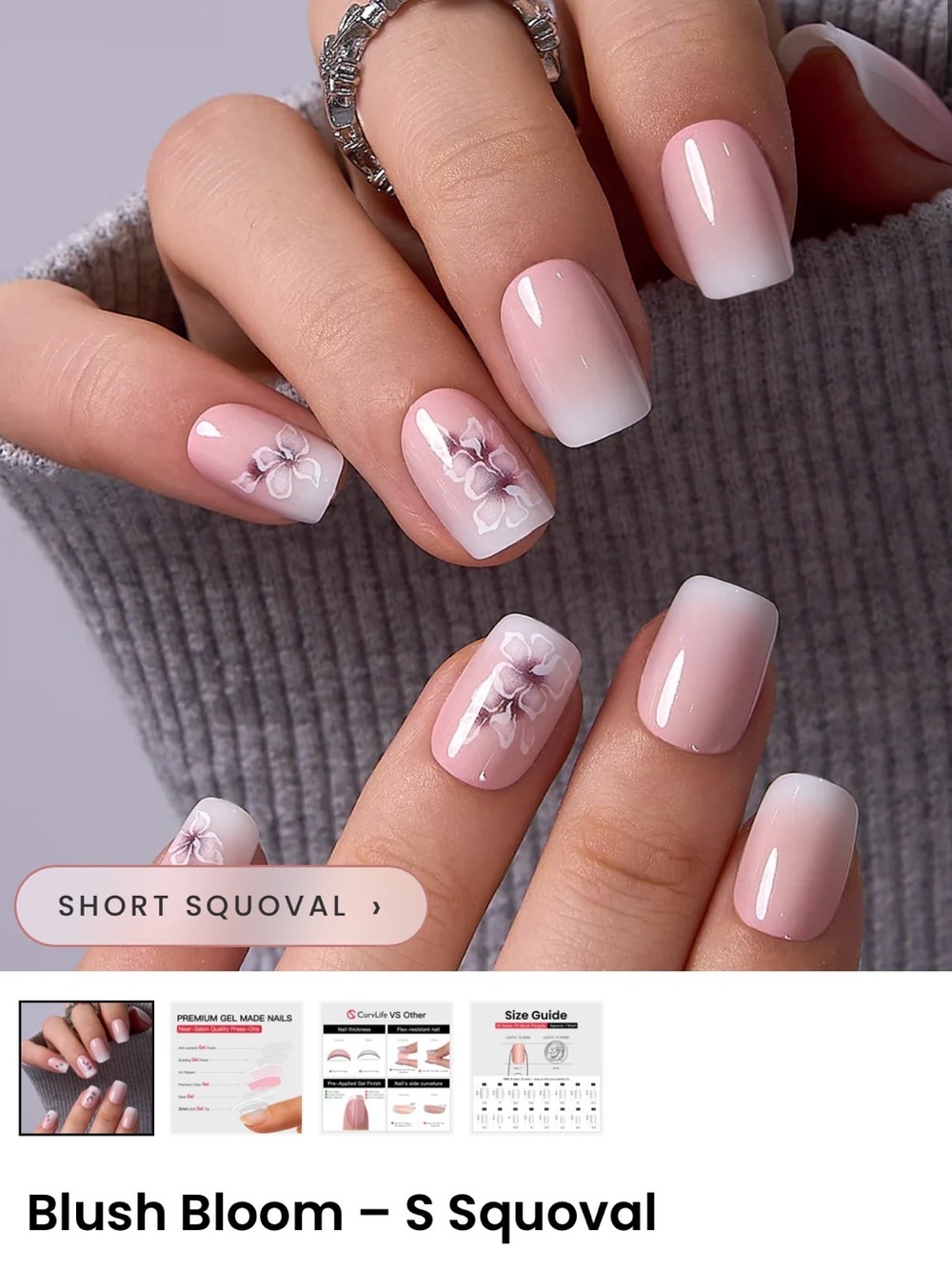 Short Squoval Press-On Nails in Pink & White Ombré with Floral Accents